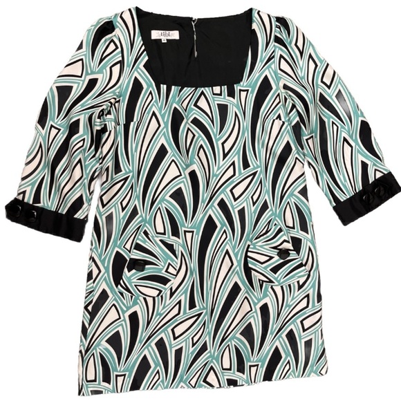 Tibi Shift Dress Size 10 Geometric Pattern Black White Teal 100% Silk Business - Picture 1 of 16